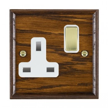 Hamilton Woods Ovolo Dark Oak 1 Gang 13A Double Pole Switched Socket with Polished Brass Rocker and White Surround