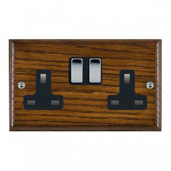 Hamilton Woods Ovolo Dark Oak 2 Gang 13A Double Pole Switched Socket with Bright Chrome Rockers and Black Surround