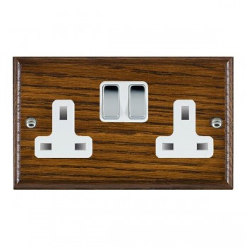 Hamilton Woods Ovolo Dark Oak 2 Gang 13A Double Pole Switched Socket with Bright Chrome Rockers and White Surround