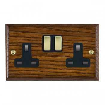 Hamilton Woods Ovolo Dark Oak 2 Gang 13A Double Pole Switched Socket with Polished Brass Rockers and Black Surround