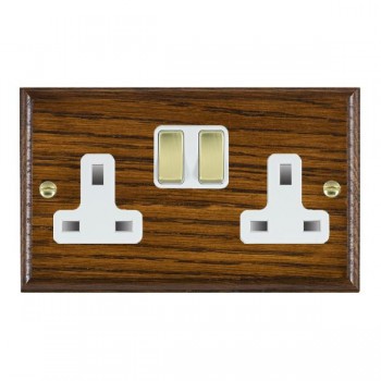 Hamilton Woods Ovolo Dark Oak 2 Gang 13A Double Pole Switched Socket with Polished Brass Rockers and White Surround