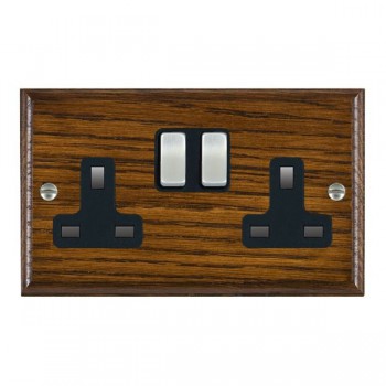 Hamilton Woods Ovolo Dark Oak 2 Gang 13A Double Pole Switched Socket with Satin Chrome Rockers and Black Surround