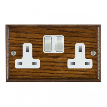 Hamilton Woods Ovolo Dark Oak 2 Gang 13A Double Pole Switched Socket with Satin Chrome Rockers and White Surround