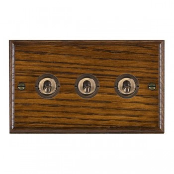 Hamilton Woods Ovolo Dark Oak 3 Gang 20AX 2 Way Toggle Switch with Antique Brass Toggles