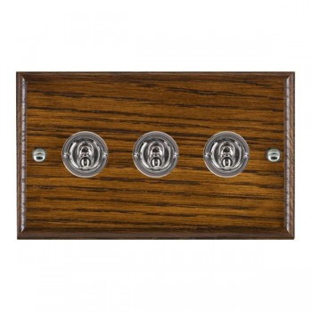 Hamilton Woods Ovolo Dark Oak 3 Gang 20AX 2 Way Toggle Switch with Bright Chrome Toggles