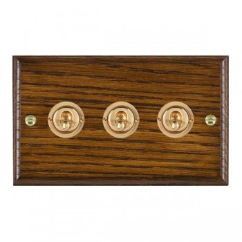 Hamilton Woods Ovolo Dark Oak 3 Gang 20AX 2 Way Toggle Switch with Polished Brass Toggles