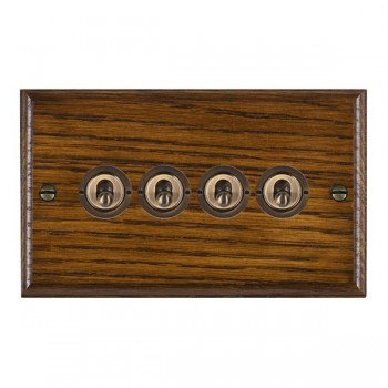 Hamilton Woods Ovolo Dark Oak 4 Gang 20AX 2 Way Toggle Switch with Antique Brass Toggles