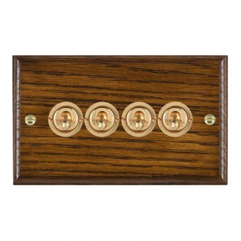 Hamilton Woods Ovolo Dark Oak 4 Gang 20AX 2 Way Toggle Switch with Polished Brass Toggles