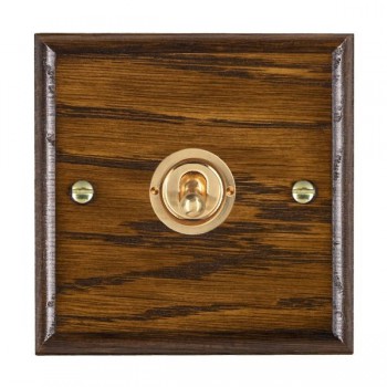 Hamilton Woods Ovolo Dark Oak 1 Gang 20AX Intermediate Toggle Switch with Polished Brass Toggle