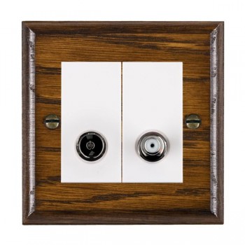 Hamilton Woods Ovolo Dark Oak Non-Isolated 2 In/2 Out TV and Satellite Socket with White Insert