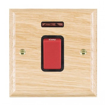 Hamilton Woods Ovolo Light Oak 45A Double Pole Switch and Neon with Red Rocker and Black Surround