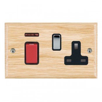 Hamilton Woods Ovolo Light Oak 45A Double Pole Switch with Red Rocker and Neon plus 13A Switched Socket with Bright Chrome Rocker and Black Surround