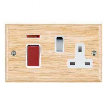 Hamilton Woods Ovolo Light Oak 45A Double Pole Switch with Red Rocker and Neon plus 13A Switched Socket with Bright Chrome Rocker and White Surround