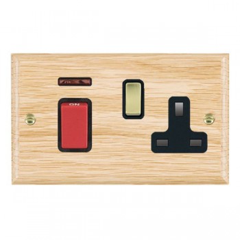 Hamilton Woods Ovolo Light Oak 45A Double Pole Switch with Red Rocker and Neon plus 13A Switched Socket with Polished Brass Rocker and Black Surround