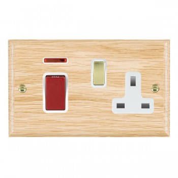 Hamilton Woods Ovolo Light Oak 45A Double Pole Switch with Red Rocker and Neon plus 13A Switched Socket with Polished Brass Rocker and White Surround