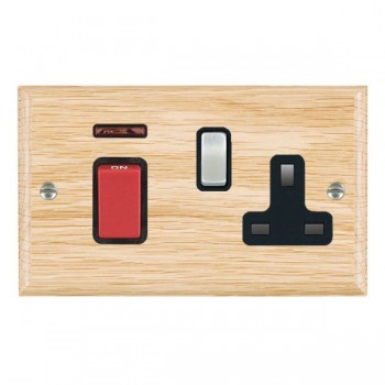 Hamilton Woods Ovolo Light Oak 45A Double Pole Switch with Red Rocker and Neon plus 13A Switched Socket with Satin Chrome Rocker and Black Surround