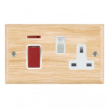 Hamilton Woods Ovolo Light Oak 45A Double Pole Switch with Red Rocker and Neon plus 13A Switched Socket with Satin Chrome Rocker and White Surround