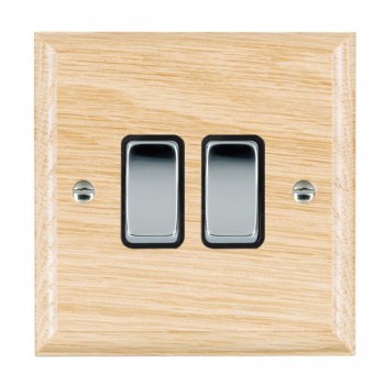 Hamilton Woods Ovolo Light Oak 2 Gang 10AX 2 Way Switch with Bright Chrome Rockers and Black Surround