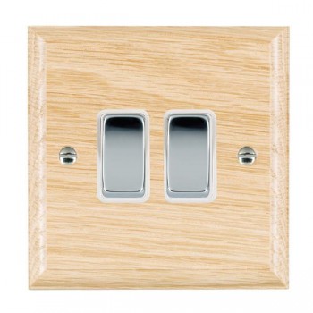 Hamilton Woods Ovolo Light Oak 2 Gang 10AX 2 Way Switch with Bright Chrome Rockers and White Surround