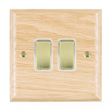 Hamilton Woods Ovolo Light Oak 2 Gang 10AX 2 Way Switch with Polished Brass Rockers and White Surround