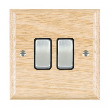 Hamilton Woods Ovolo Light Oak 2 Gang 10AX 2 Way Switch with Satin Chrome Rockers and Black Surround