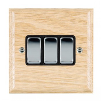 Hamilton Woods Ovolo Light Oak 3 Gang 10AX 2 Way Switch with Bright Chrome Rockers and Black Surround