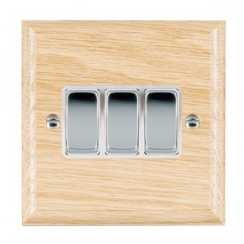 Hamilton Woods Ovolo Light Oak 3 Gang 10AX 2 Way Switch with Bright Chrome Rockers and White Surround