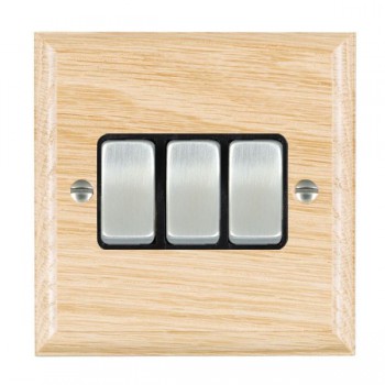 Hamilton Woods Ovolo Light Oak 3 Gang 10AX 2 Way Switch with Satin Chrome Rockers and Black Surround