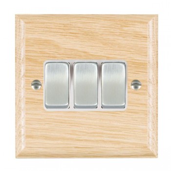 Hamilton Woods Ovolo Light Oak 3 Gang 10AX 2 Way Switch with Satin Chrome Rockers and White Surround