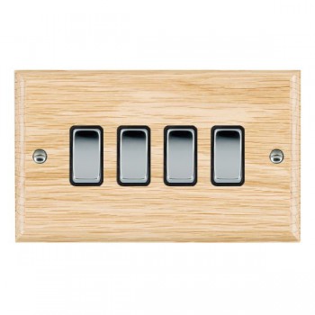 Hamilton Woods Ovolo Light Oak 4 Gang 10AX 2 Way Switch with Bright Chrome Rockers and Black Surround