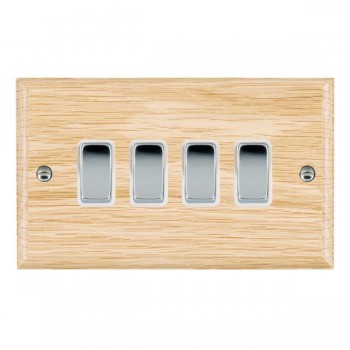 Hamilton Woods Ovolo Light Oak 4 Gang 10AX 2 Way Switch with Bright Chrome Rockers and White Surround