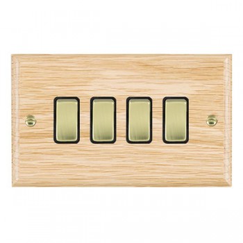 Hamilton Woods Ovolo Light Oak 4 Gang 10AX 2 Way Switch with Polished Brass Rockers and Black Surround