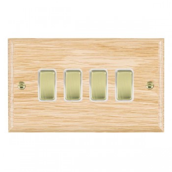 Hamilton Woods Ovolo Light Oak 4 Gang 10AX 2 Way Switch with Polished Brass Rockers and White Surround