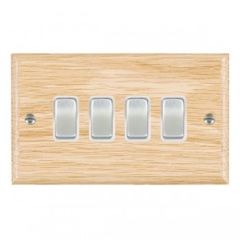 Hamilton Woods Ovolo Light Oak 4 Gang 10AX 2 Way Switch with Satin Chrome Rockers and White Surround