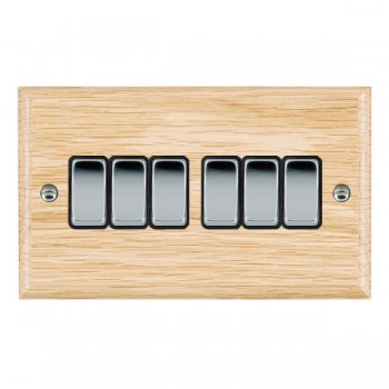 Hamilton Woods Ovolo Light Oak 6 Gang 10AX 2 Way Switch with Bright Chrome Rockers and Black Surround