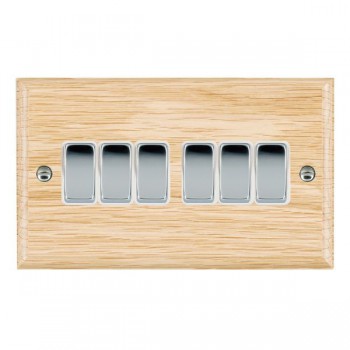 Hamilton Woods Ovolo Light Oak 6 Gang 10AX 2 Way Switch with Bright Chrome Rockers and White Surround