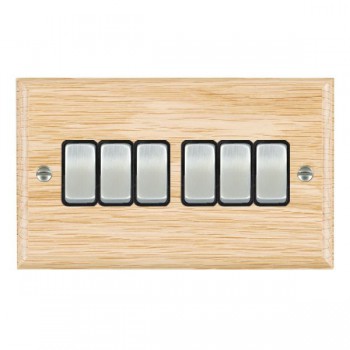 Hamilton Woods Ovolo Light Oak 6 Gang 10AX 2 Way Switch with Satin Chrome Rockers and Black Surround