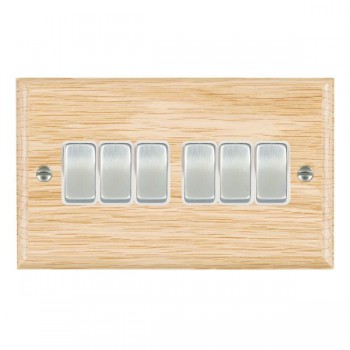 Hamilton Woods Ovolo Light Oak 6 Gang 10AX 2 Way Switch with Satin Chrome Rockers and White Surround