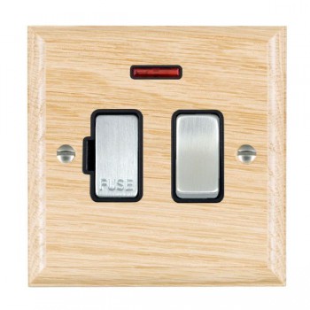 Hamilton Woods Ovolo Light Oak 13A Double Pole Switched Fused Spur and Neon with Satin Chrome Insert and Black Surround