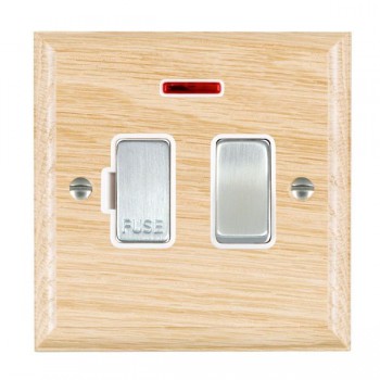 Hamilton Woods Ovolo Light Oak 13A Double Pole Switched Fused Spur and Neon with Satin Chrome Insert and White Surround