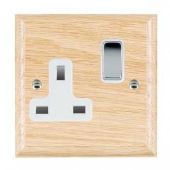 Hamilton Woods Ovolo Light Oak 1 Gang 13A Double Pole Switched Socket with Bright Chrome Rocker and White Surround