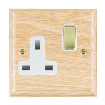 Hamilton Woods Ovolo Light Oak 1 Gang 13A Double Pole Switched Socket with Polished Brass Rocker and White Surround