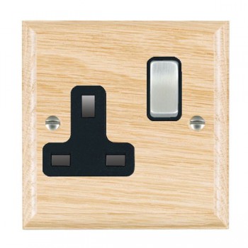 Hamilton Woods Ovolo Light Oak 1 Gang 13A Double Pole Switched Socket with Satin Chrome Rocker and Black Surround