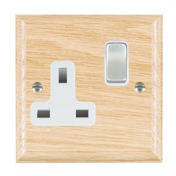 Hamilton Woods Ovolo Light Oak 1 Gang 13A Double Pole Switched Socket with Satin Chrome Rocker and White Surround