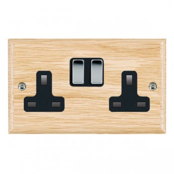 Hamilton Woods Ovolo Light Oak 2 Gang 13A Double Pole Switched Socket with Bright Chrome Rockers and Black Surround