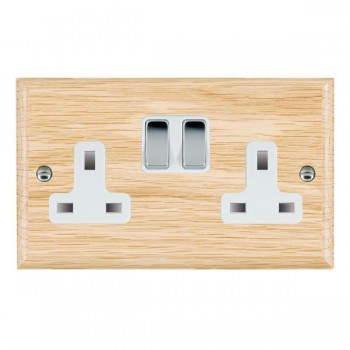 Hamilton Woods Ovolo Light Oak 2 Gang 13A Double Pole Switched Socket with Bright Chrome Rockers and White Surround