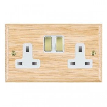 Hamilton Woods Ovolo Light Oak 2 Gang 13A Double Pole Switched Socket with Polished Brass Rockers and White Surround