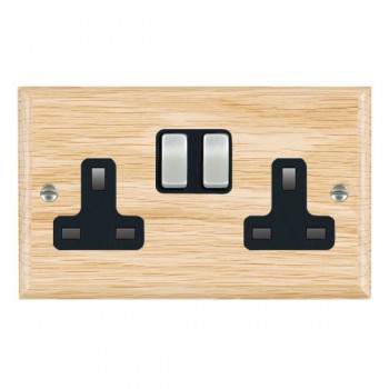 Hamilton Woods Ovolo Light Oak 2 Gang 13A Double Pole Switched Socket with Satin Chrome Rockers and Black Surround