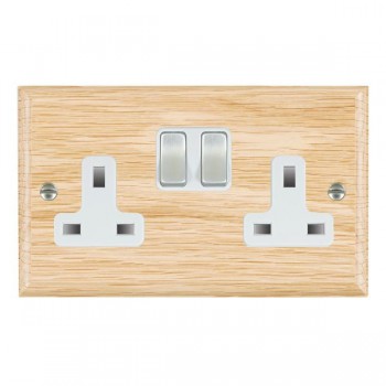 Hamilton Woods Ovolo Light Oak 2 Gang 13A Double Pole Switched Socket with Satin Chrome Rockers and White Surround