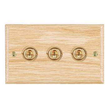 Hamilton Woods Ovolo Light Oak 3 Gang 20AX 2 Way Toggle Switch with Polished Brass Toggles